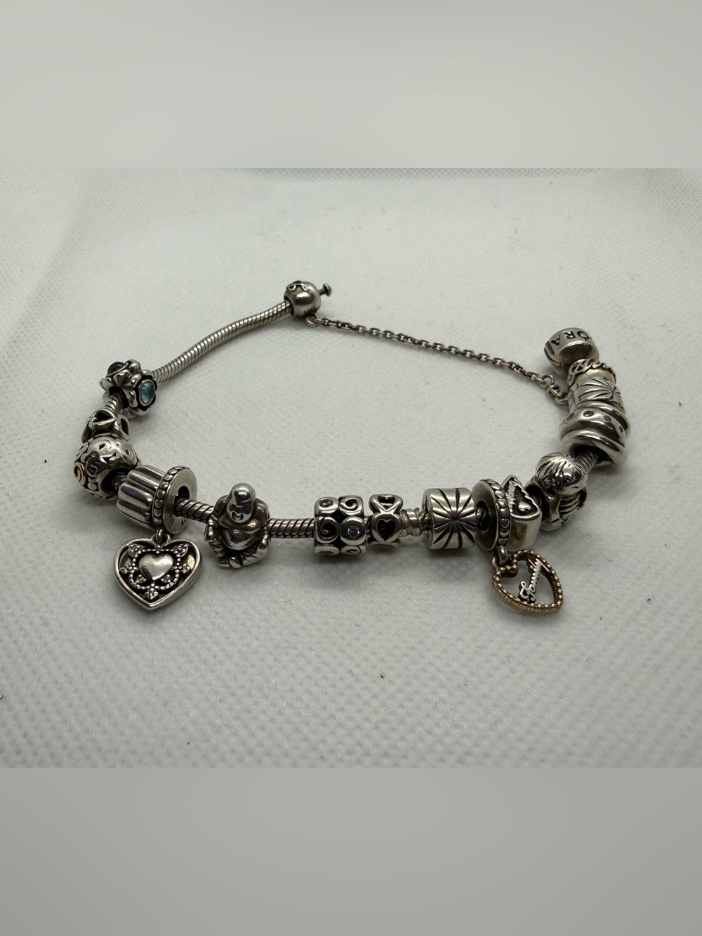 Pandora Bracelet Authentic 925 Sterling Silver with 15 Retired Charms Lot